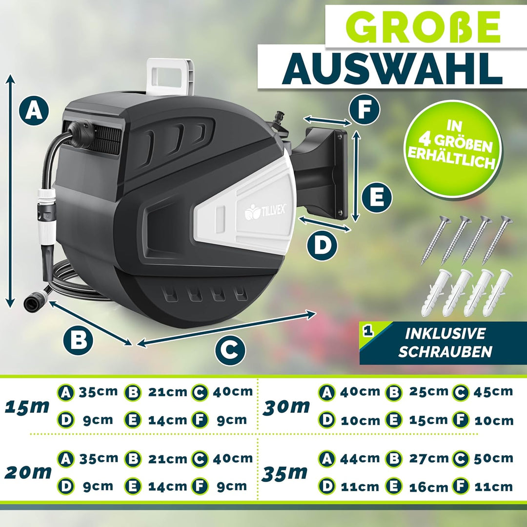 tillvex Schlauchtrommel Wasser mit Wandhalterung + Tragegriff | Schlauchaufroller mit Handbrause und