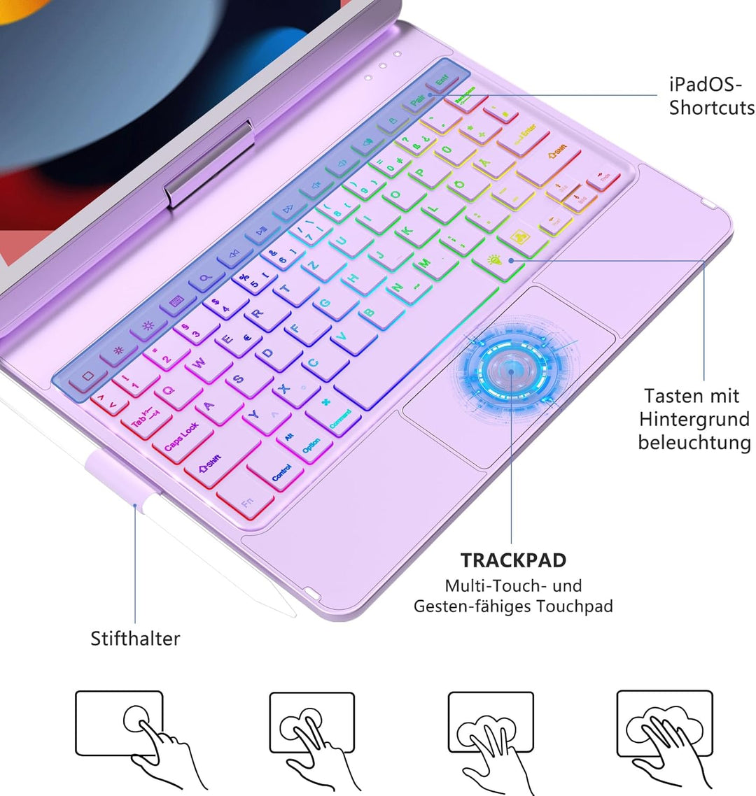 Tastatur Hülle für iPad 9/8/7 Generation 2021/2020/2019 10.2 Zoll, 360° Drehbare Touchpad Tastatur m