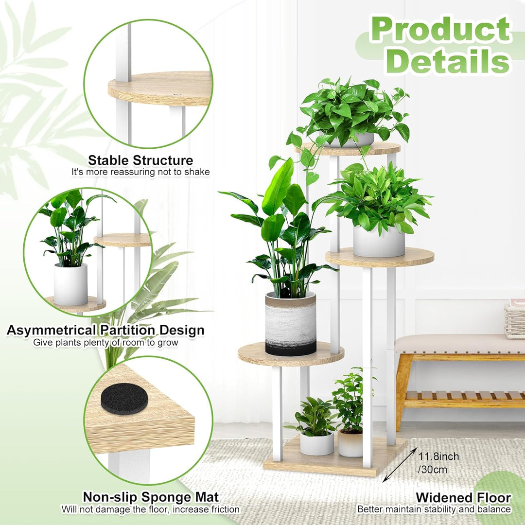 YOCOMEY 4 Tier Hölzern Blumenregal Metall Pflanzenregal, Mehrstöckig Blumenständer Pflanzenständer B