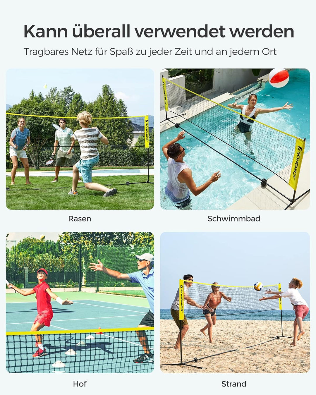SONGMICS 300 cm/400 cm/500 cm Badmintonnetz, Volleyballnetz, höhenverstellbare Stangen, tragbares Se