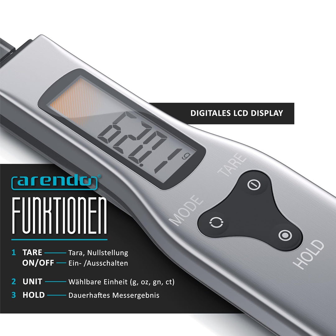 Arendo - Löffelwaage digital – 1 bis 500 g – Tara – Hold Nullstellung – Feinwaage Auflösung 0,1 g –