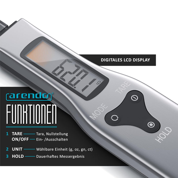 Arendo - Löffelwaage digital – 1 bis 500 g – Tara – Hold Nullstellung – Feinwaage Auflösung 0,1 g –