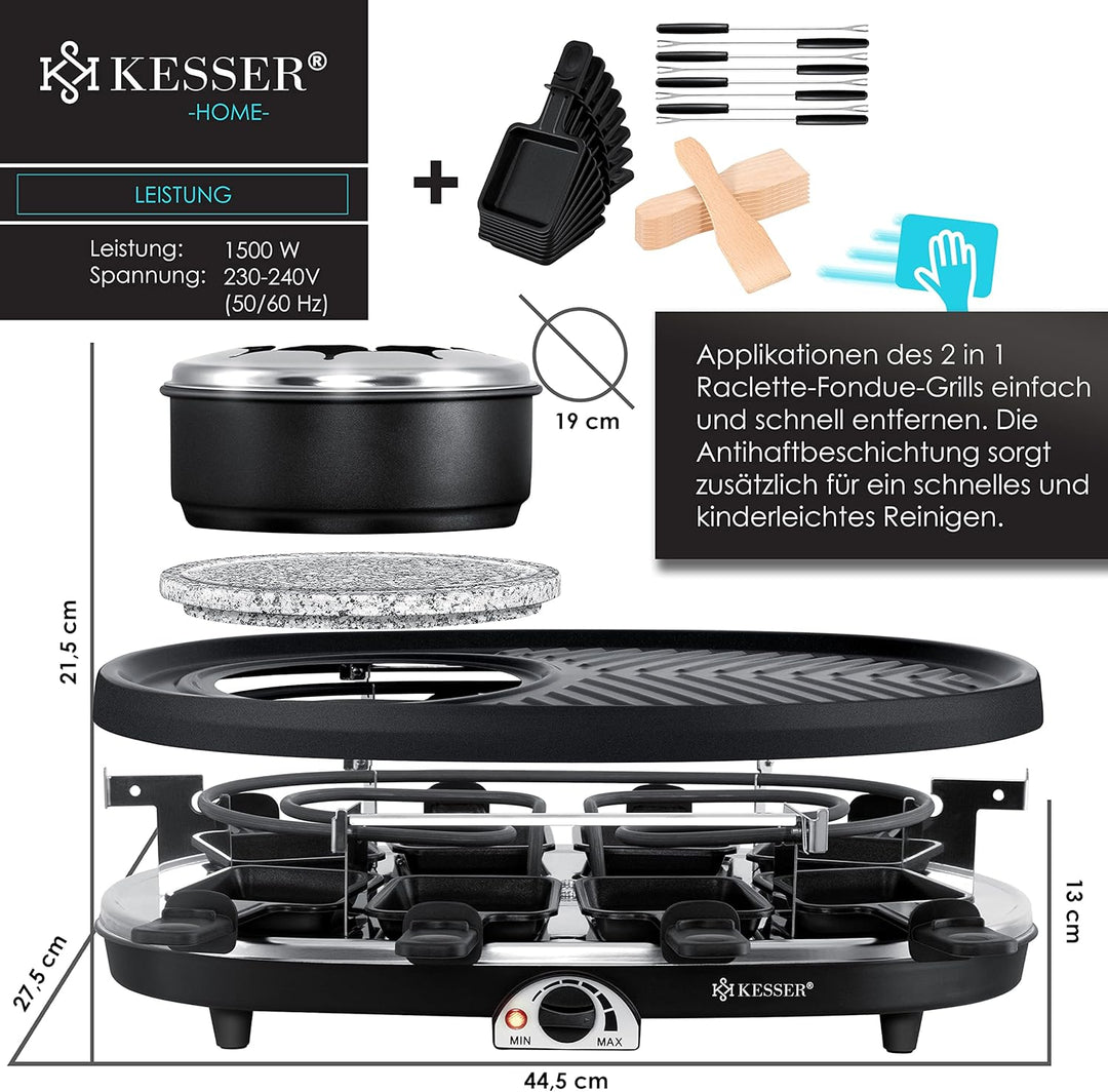 KESSER® 3in1 Raclette-Grill mit Naturgrillstein, Grillplatte und Fondue, Tischgrill für 8 Personen,