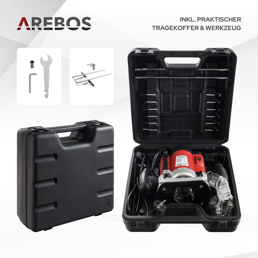 Arebos Oberfräse mit Koffer (1200 W, Ø 6 und 8 mm, Drehzahlregelung, Parallelanschlag, Reduzierstück