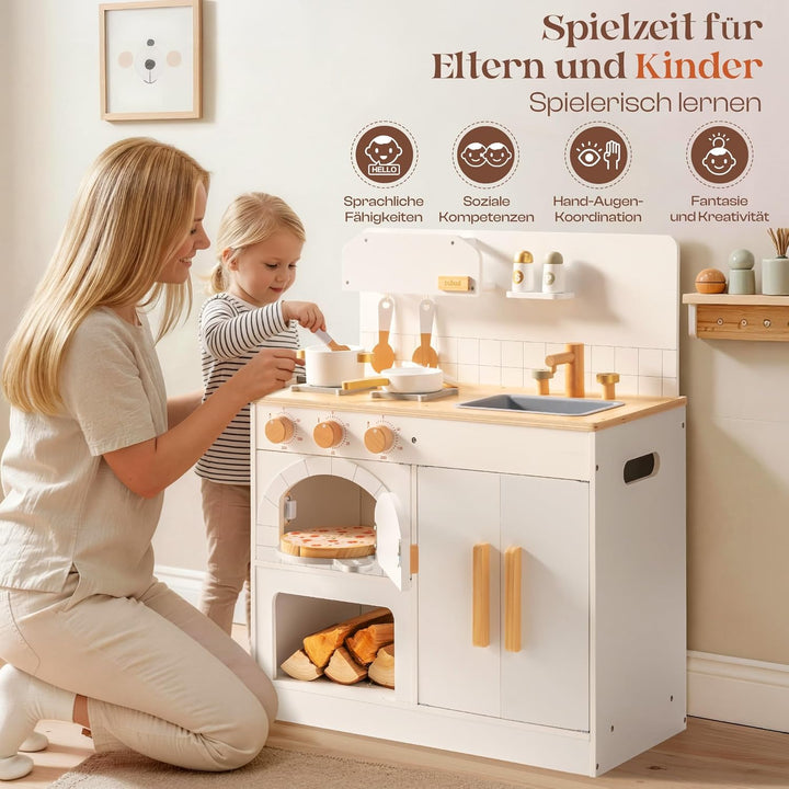 ROBUD Spielküche Holz für Kinder, Pizzaofen Kinderküche mit Kochgeschirr &amp; Pizzaschneider-Zubehör, R
