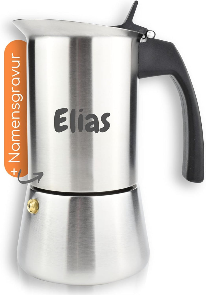 Milu Espressokocher mit Gravur (2 Cup No Induktion) | 2 4 6 9 Tassen| Edelstahl Mokkakanne, Espresso