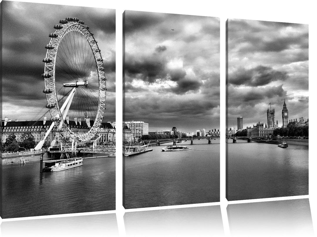 Pixxprint Monocrome, Riesenrad, London Eye 3-Teiler Leinwandbild 120x80 Bild auf Leinwand