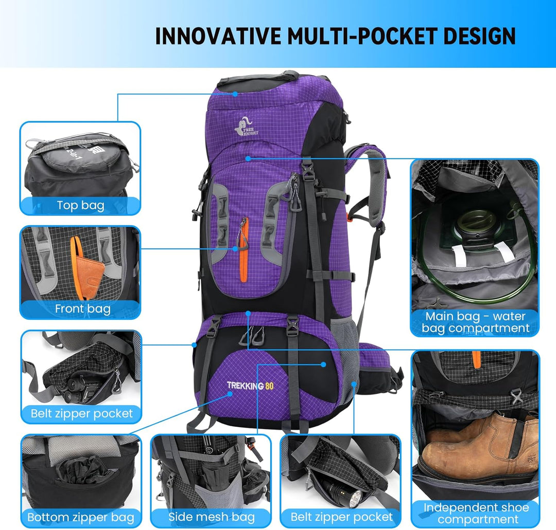 Bseash 80L Wasserdichter Wanderrucksack mit Regenschutz, leichter Outdoor-Sport, Reisen, Tagesrucksa