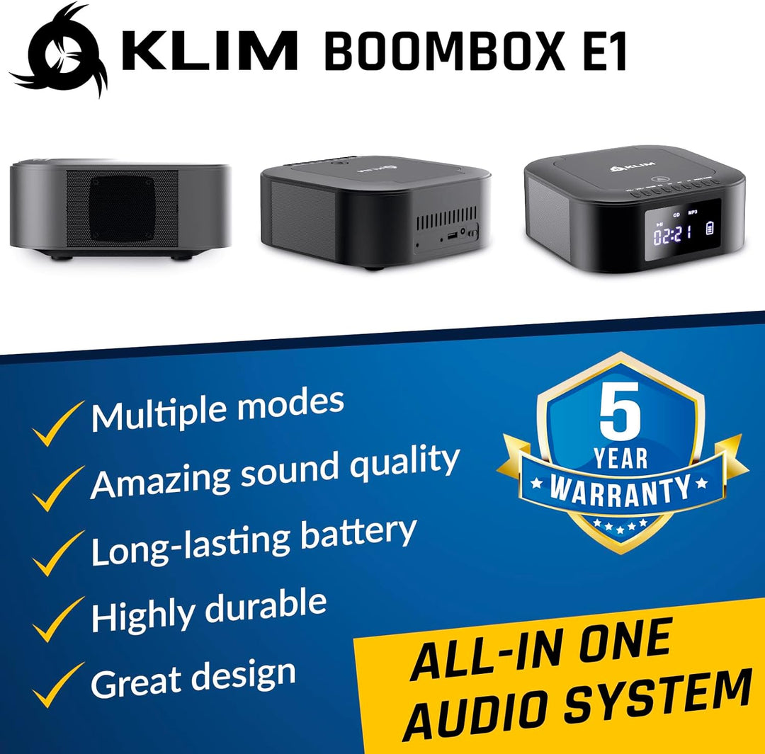 KLIM Boombox E1 Radio mit CD Player + BASS Boost mit Tieftöner + FM Radio, MP3, Bluetooth, AUX, USB,