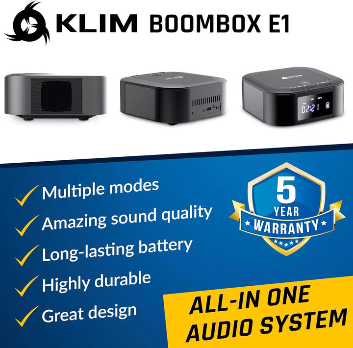 KLIM Boombox E1 Radio mit CD Player + BASS Boost mit Tieftöner + FM Radio, MP3, Bluetooth, AUX, USB,