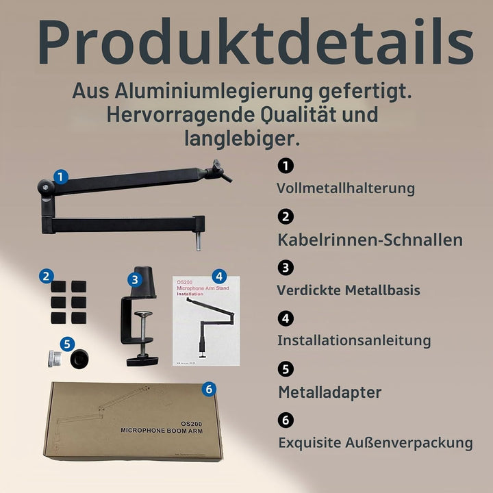 Mikrofon-Boomarm, flaches Mikrofonarm-Stativ mit Tischklemme, Schraubenadapter, versteckten Kabelfüh