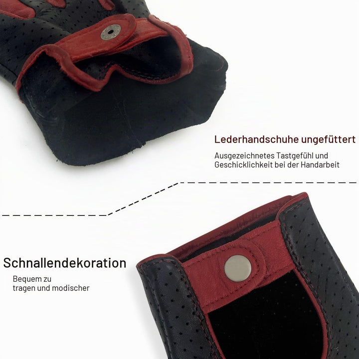 Damen-Lederhandschuhe Vollmaschige Fingerlose Halbfinger-Fahrhandschuhe Medium-7" Schwarz und Rot, M