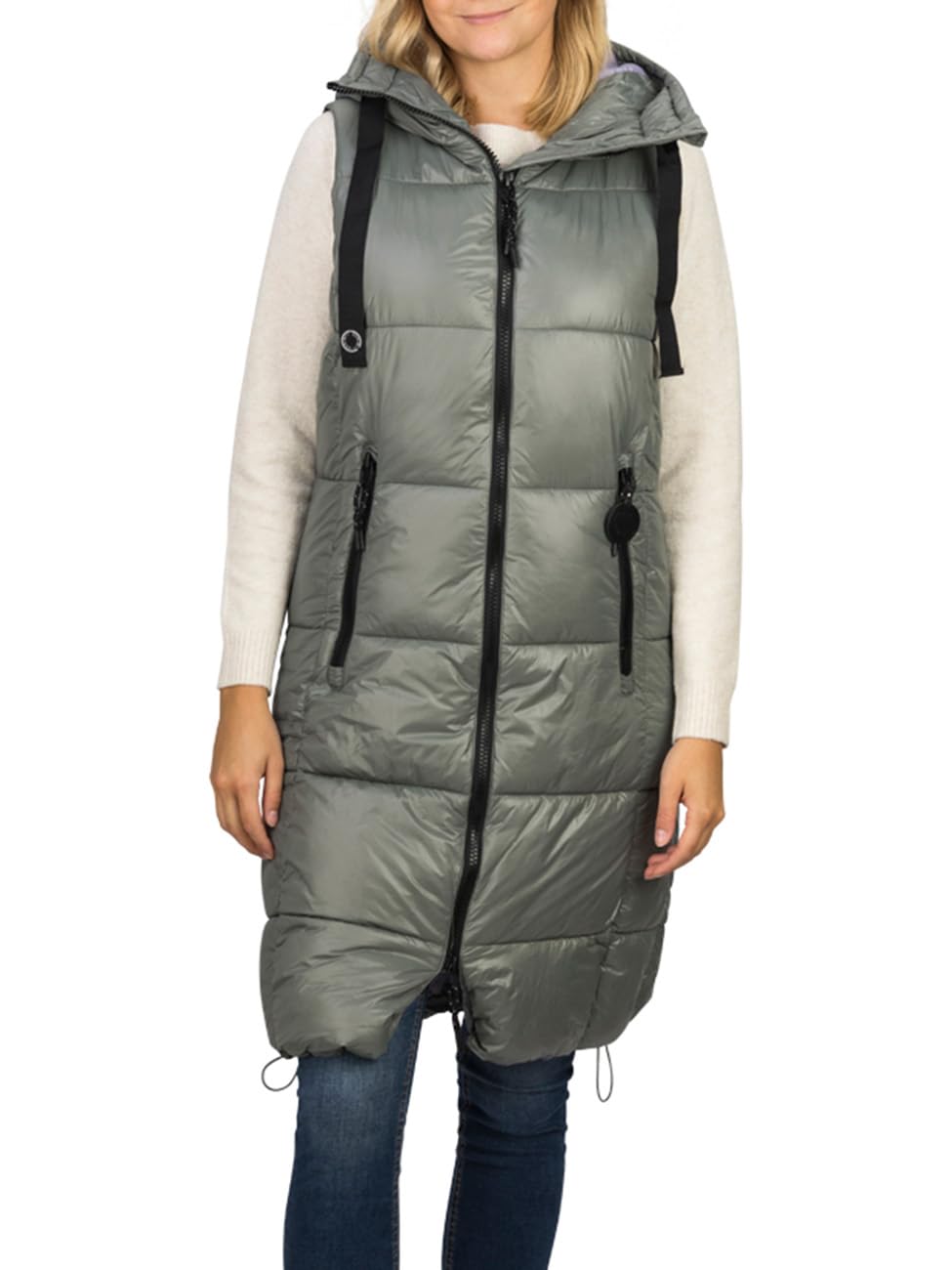 DENIMFY Damen Weste lang ärmellos DFCaro Steppweste Vest Kapuze Winterweste Outdoorweste Übergangswe