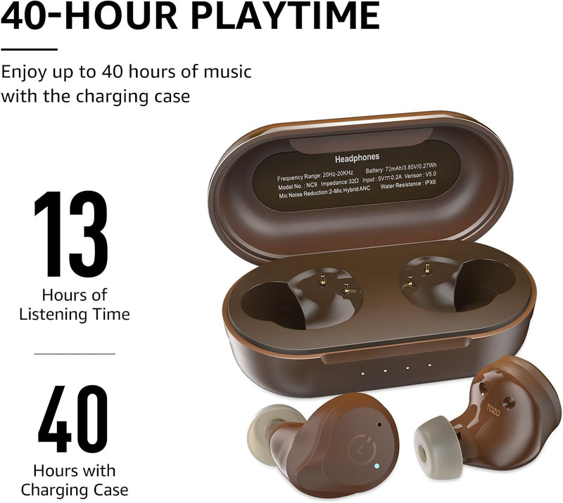 TOZO NC9 Bluetooth Kopfhörer, Kopfhörer Kabellos mit Hybrid Aktiver Geräuschunterdrückung, Bluetooth