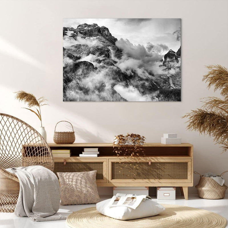 Bilder auf Leinwand 100x70cm Leinwandbild mit Rahmen Berge Nebel Gipfel Gross Wanddeko Bild Schlafzi