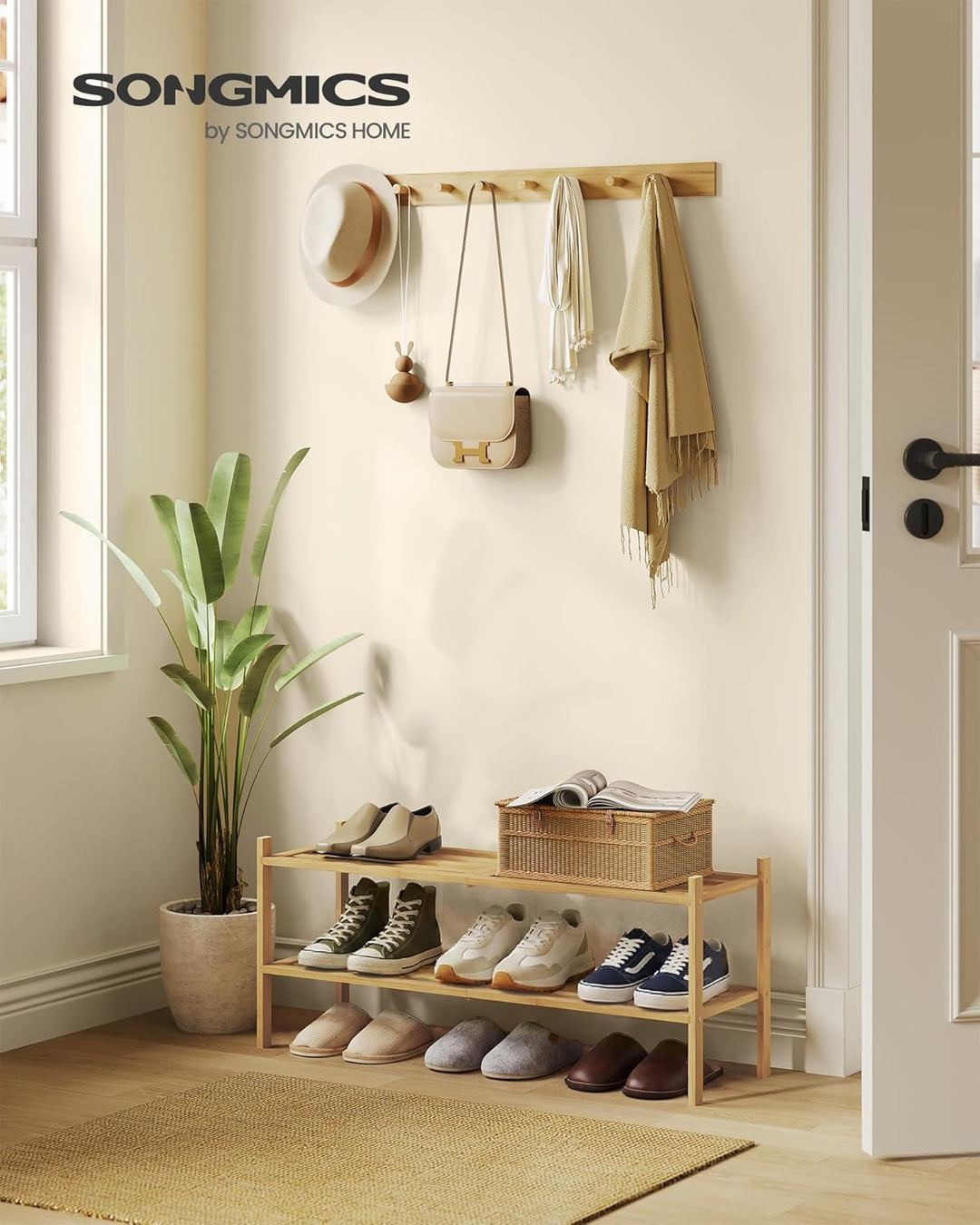 SONGMICS Schuhregal aus Bambus, Schuhablage 2 Ebenen, stapelbar, platzsparend, Regal für Flur, Wohnz