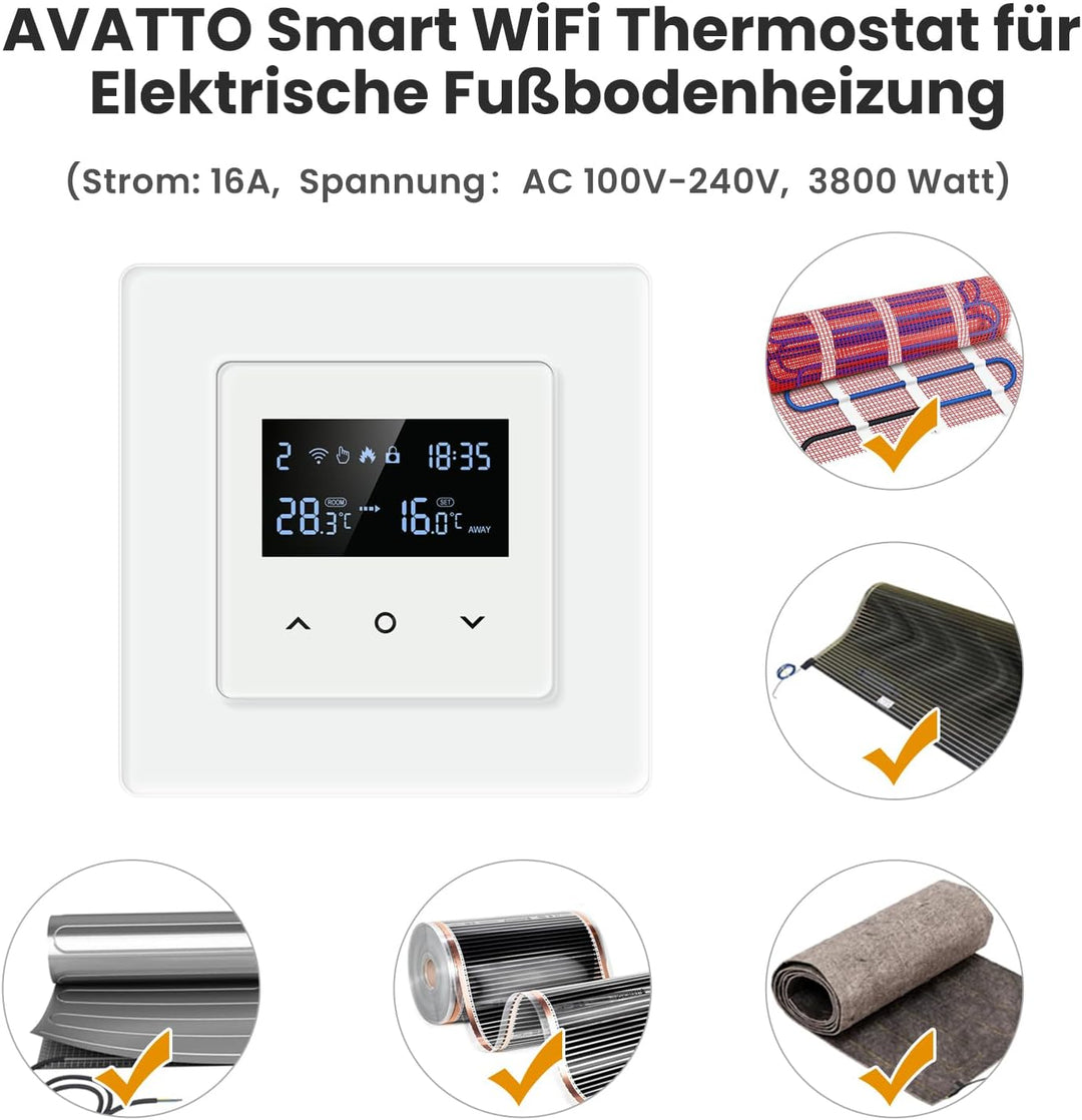 Samrt WiFi Themrmostat für Elektrische Fussbodenheizung, 55 x 55mm Standard, Glasfläche, Programmier