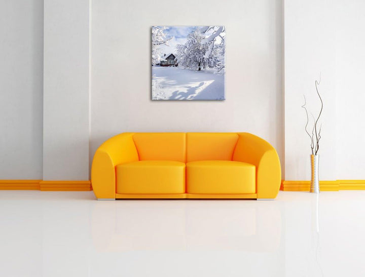 Winterlandschaft mit Hütte, Format: 70x70 auf Leinwand, XXL riesige Bilder fertig gerahmt mit Keilra