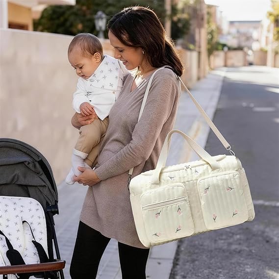 Grosse Wickeltasche &amp; Kliniktasche für Mütter, aus Baumwolle mit Bestickung, grosses Fassungsvermöge