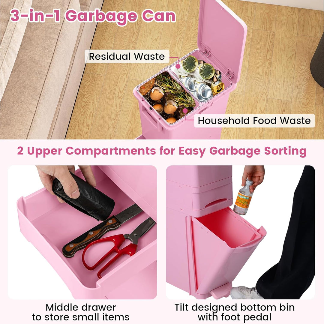 COSTWAY Mülleimer 3 Fächer, 32L Abfalleimer mit neigbarem Behälter, Schublade & Aufkleber, Tretmülle