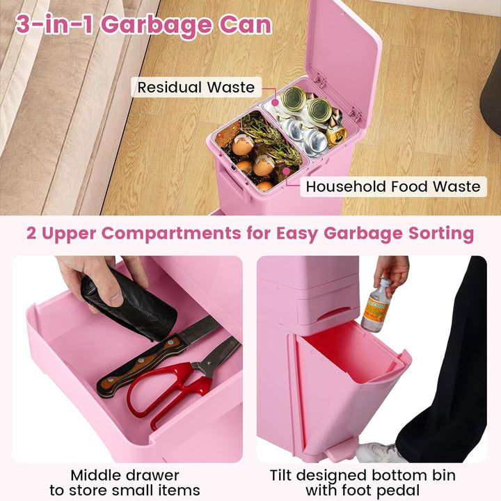 COSTWAY Mülleimer 3 Fächer, 32L Abfalleimer mit neigbarem Behälter, Schublade & Aufkleber, Tretmülle