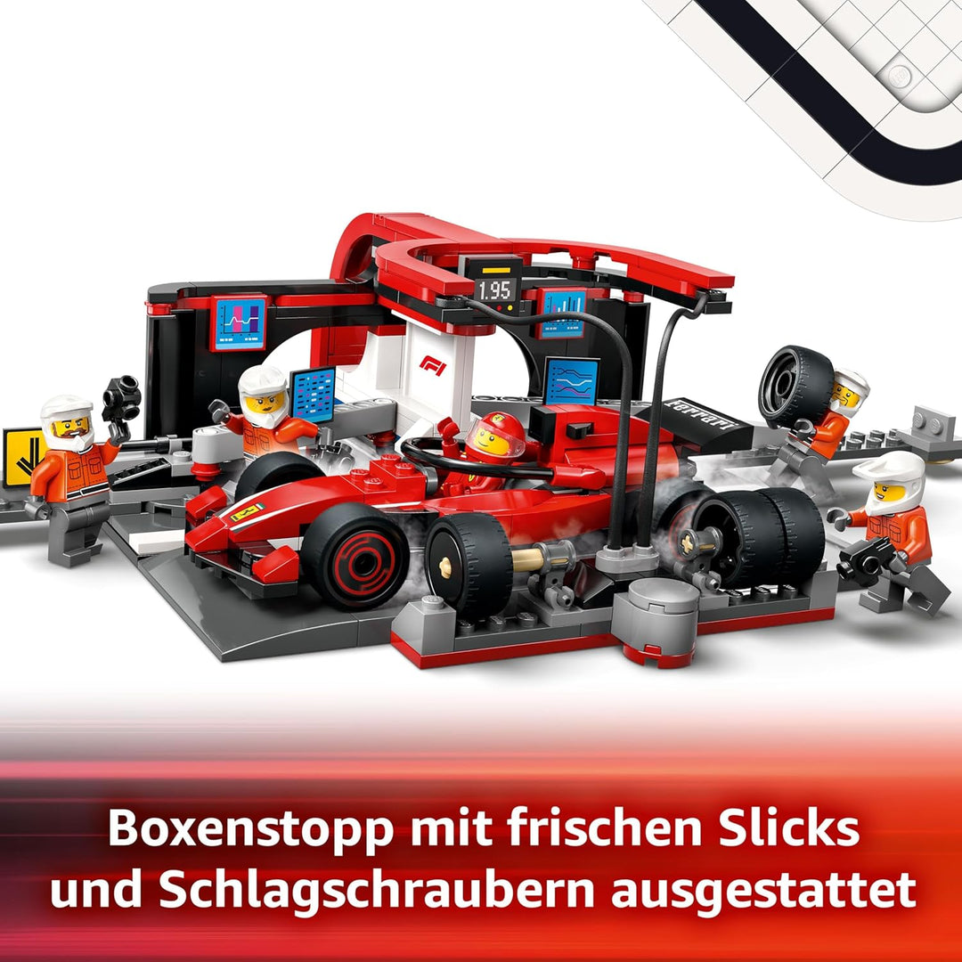 LEGO City F1 Boxenstopp mit Boxencrew und Ferrari Flitzer - Formel 1 Set mit 1 Rennfahrer und 4 Mech
