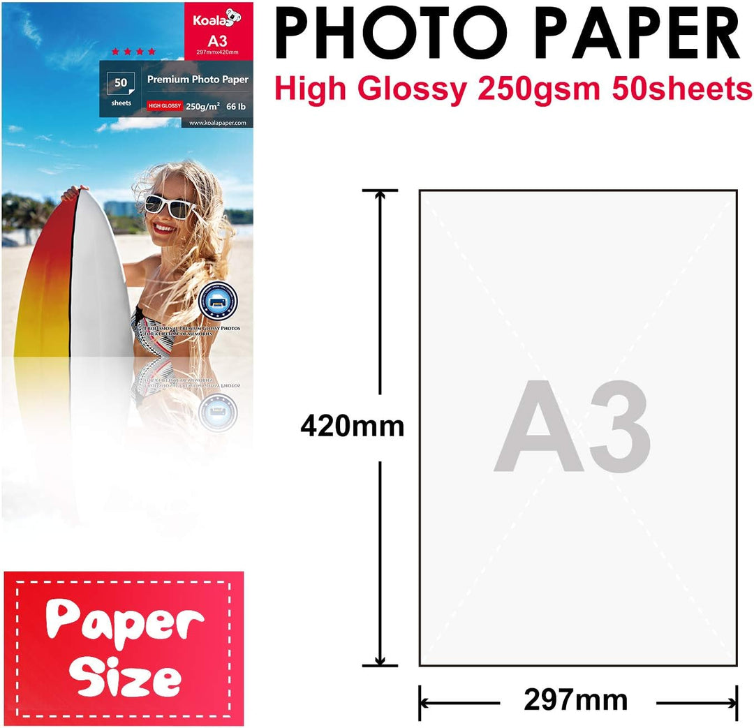 Koala Fotopapier für Canon HP Epson Tintenstrahldrucker, glänzend, A3, 297 x 420 mm, 250 g/m², 50 Bl
