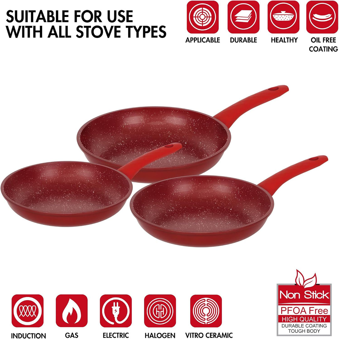 Herzberg, HG04807-RED, Antihaft-Pfannenset, ergonomische Silikongriffe, ohne PFOA, hervorragende Wär