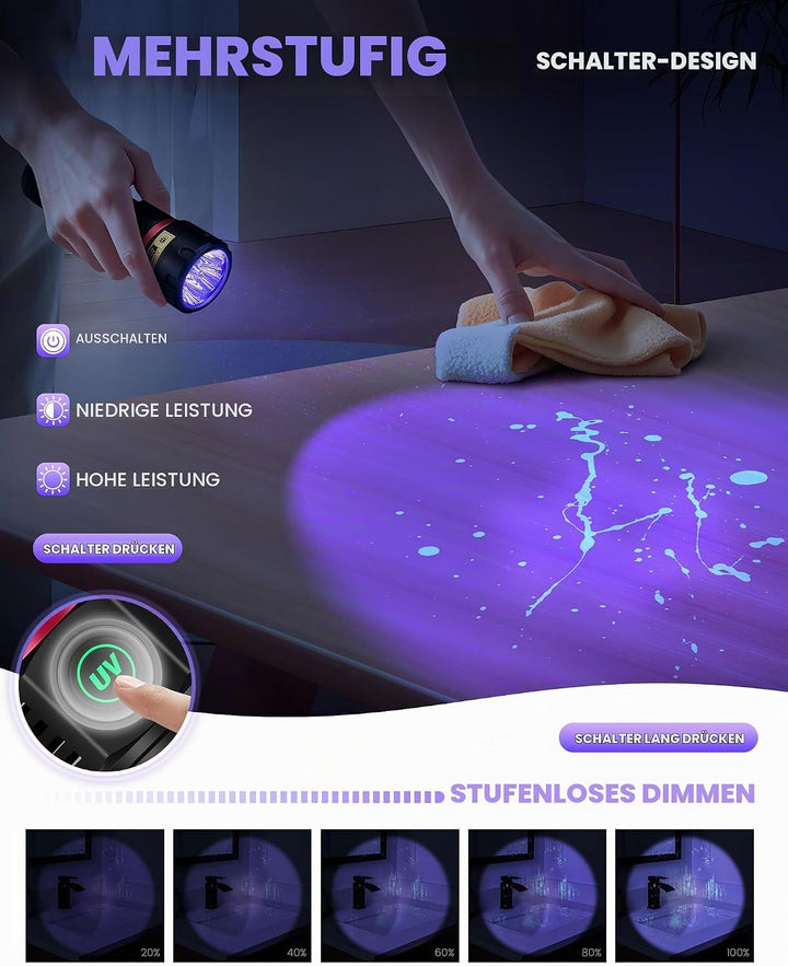 DARKBEAM UV Taschenlampe Schwarzlicht 395nm, 6xLED [4-Core] Taschenlampen Ultraviolett Aufladbar 80W