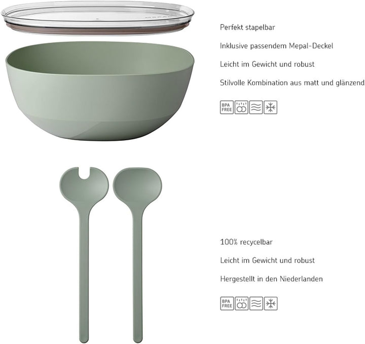 Mepal – Salat-Set Silueta – Servierschale mit Deckel (5000 ml) mit Salatbesteck (28,5 cm) – Outdoor-