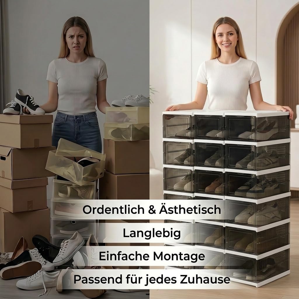 Schuhboxen Stapelbar, 24 Ebenen, Transparent, Faltbar, Dickem Kunststoff, für Sneaker bis Grösse 46,