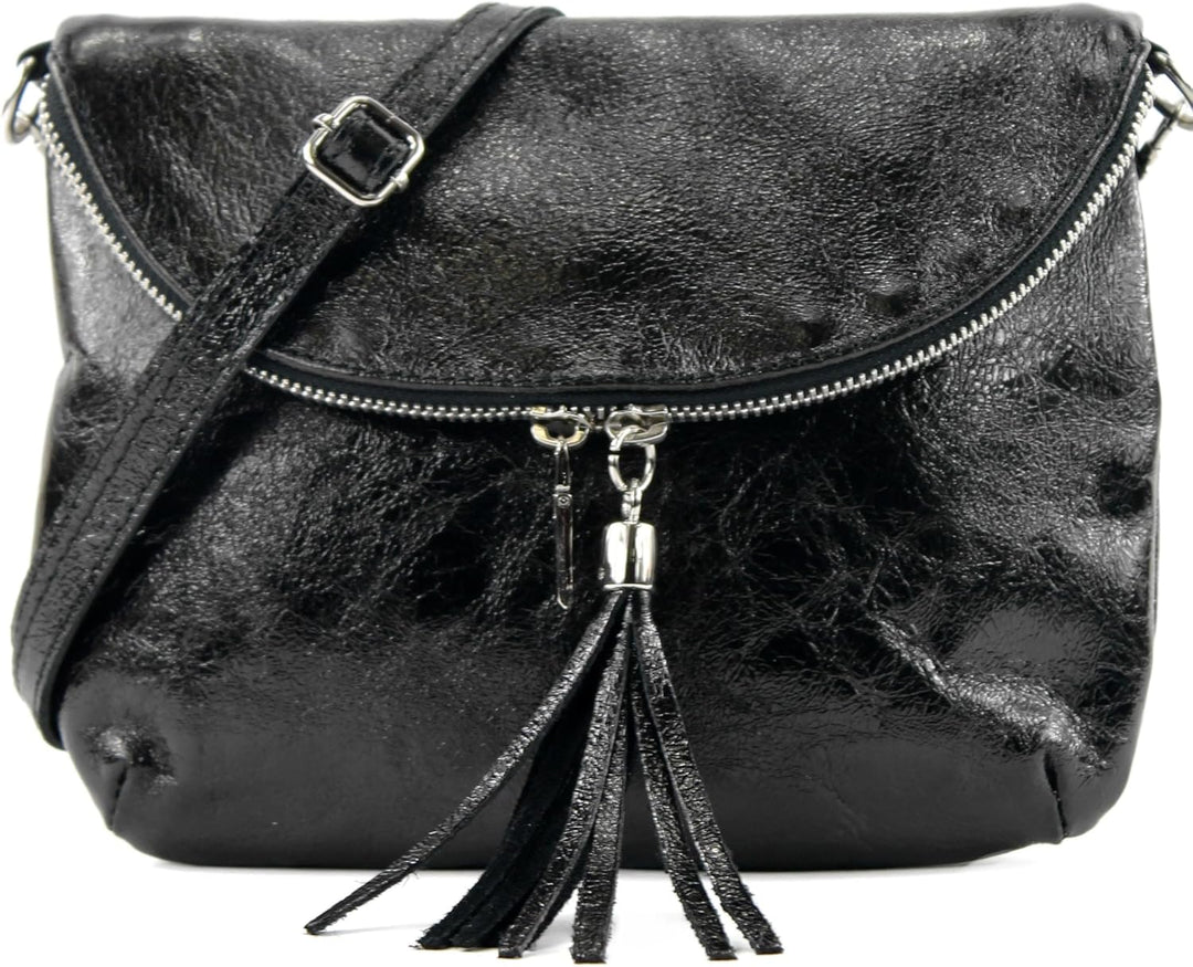 modamoda de - T07SI - ital. Umhängetasche Klein aus Nappaleder Schwarz-metallic, Schwarz-metallic