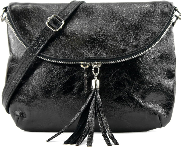 modamoda de - T07SI - ital. Umhängetasche Klein aus Nappaleder Schwarz-metallic, Schwarz-metallic