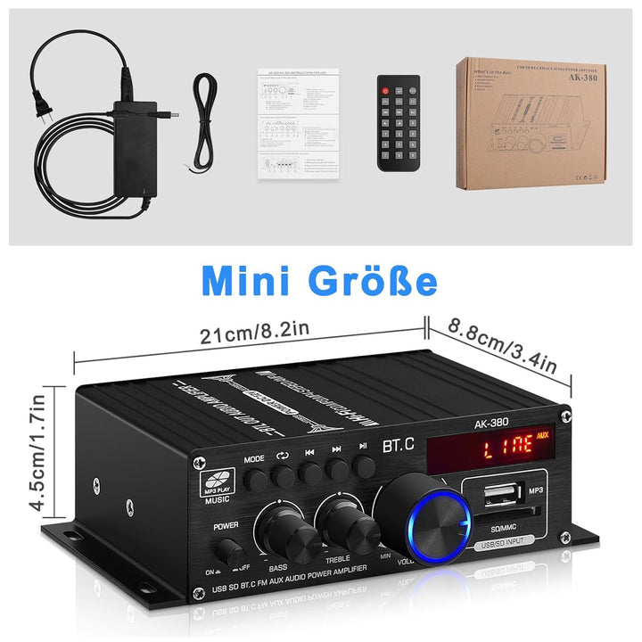 AK-380 Bluetooth 5.0 HiFi Verstärker 2.0-Kanal 40W x 2 Max. 400W Mini Verstärker Stereo Audio Leistu