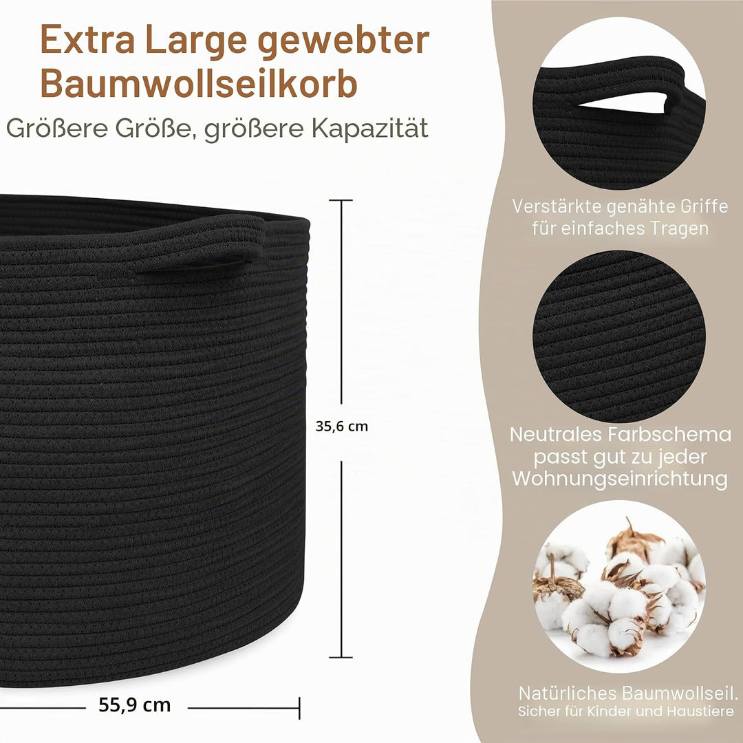 Grosser schwarzer Deckenkorb, 55,9 x 55,9 x 35,6 cm, gewebter Seilkorb zur Aufbewahrung, Aufbewahrun