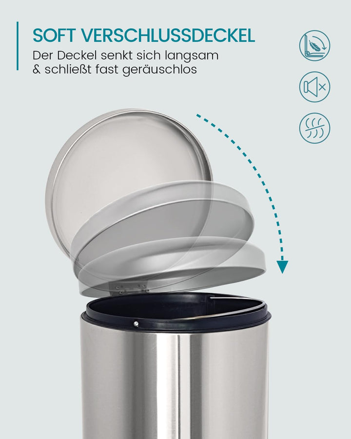 Mülleimer 30 L Treteimer mit Softclose-Deckel, Abfalleimer 30 Liter mit Fusspedal, Rund Mülleimer mi