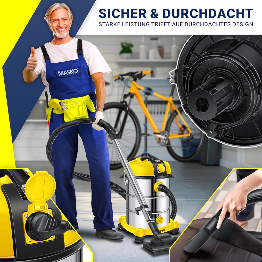 MASKO® Industriestaubsauger Staubsauger Nass Trocken Sauger Edelstahl 2300W + Steckdose | Blasfunkti