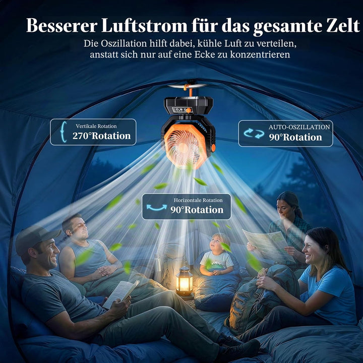VTHW Camping Ventilator, 20000mAh Wiederaufladbarer Ventilator mit LED Licht & Haken, 270° Drehung,