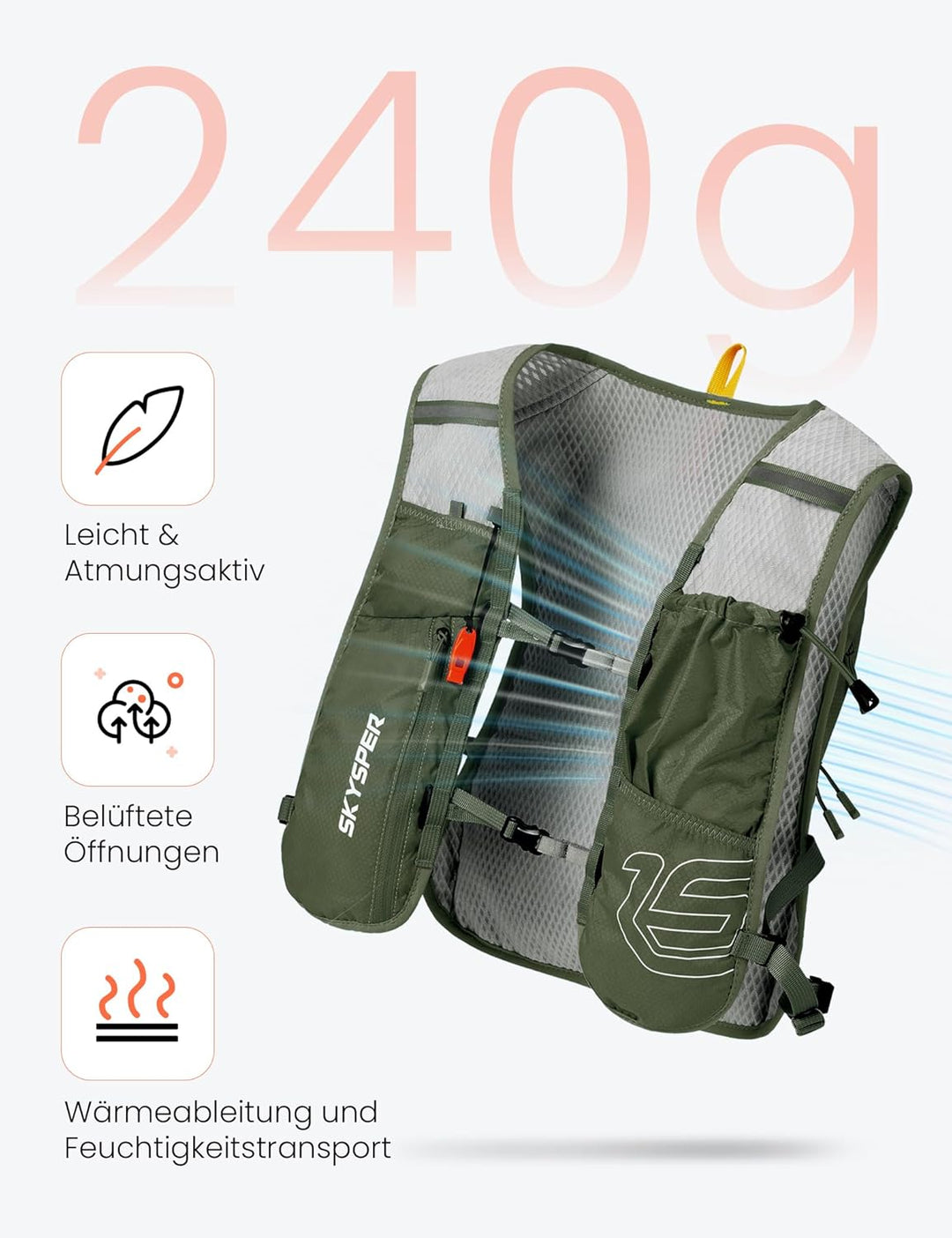 SKYSPER Laufweste für Damen Herren 12L Laufrucksack mit 500ml Trinkflasche Reflektierende Trinkweste