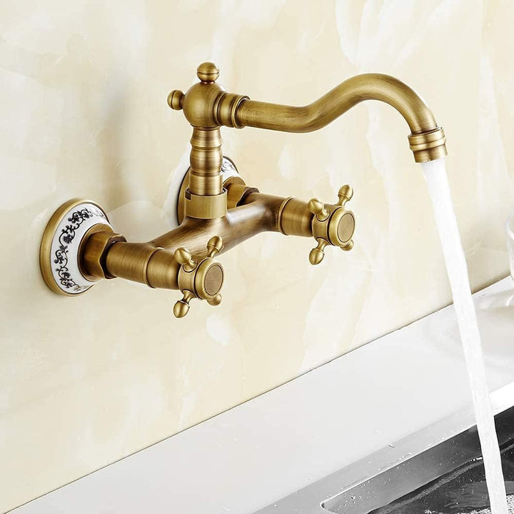 Küchenarmatur, Wandmontage, Antik-Bronze, 360 ° drehbar, doppelte Kontrolle, Pflaume mit Kreuzlenkra