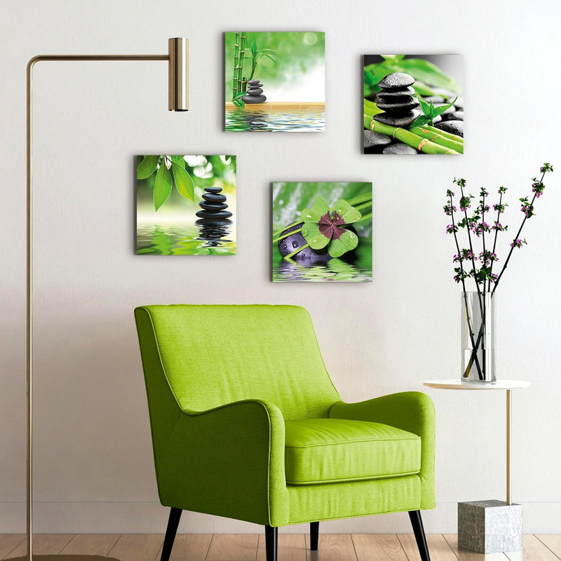 ARTLAND Leinwandbilder auf Holz Wandbild Bild Set 4 teilig je 40x40 cm Quadratisch Wellness Zen Stei