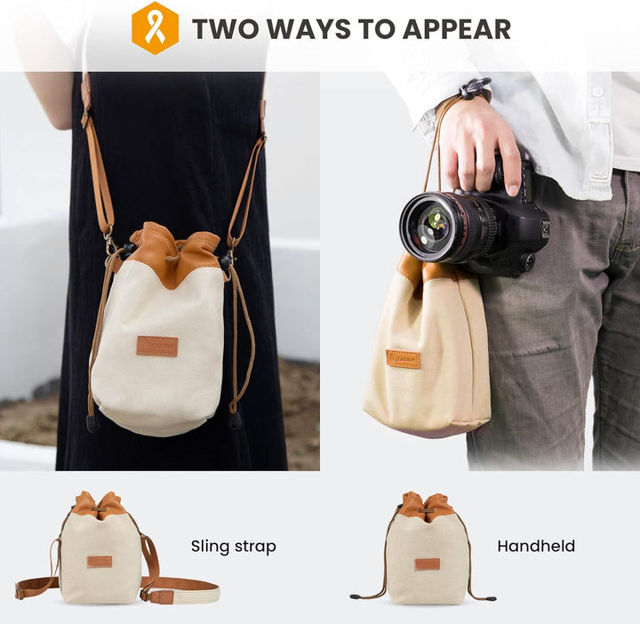 TARION Objektivbeutel mit Tragegurt, Objektivtasche aus Canvas PU Leder, Gepolstert Schutzbeutel Kam