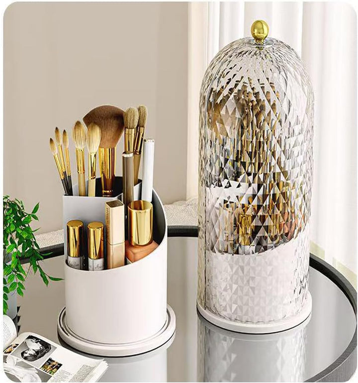360° Drehbarer Make-up-Brushhalter mit Deckel – 3-Fach Unterteilt, Staubgeschützt | Schminkpinsel Or