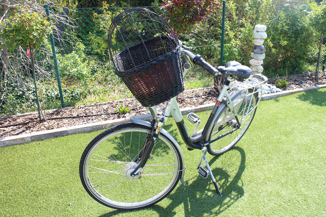 Hundefahrradkorb für Fahradlenker aus Weide in Schwarz mit Metallgitter und Kissen Verschiedene Grös