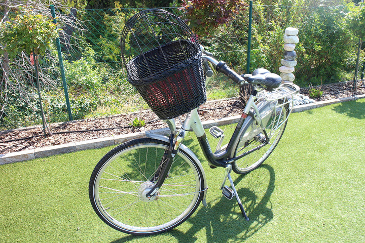 Hundefahrradkorb für Fahradlenker aus Weide in Schwarz mit Metallgitter und Kissen Verschiedene Grös