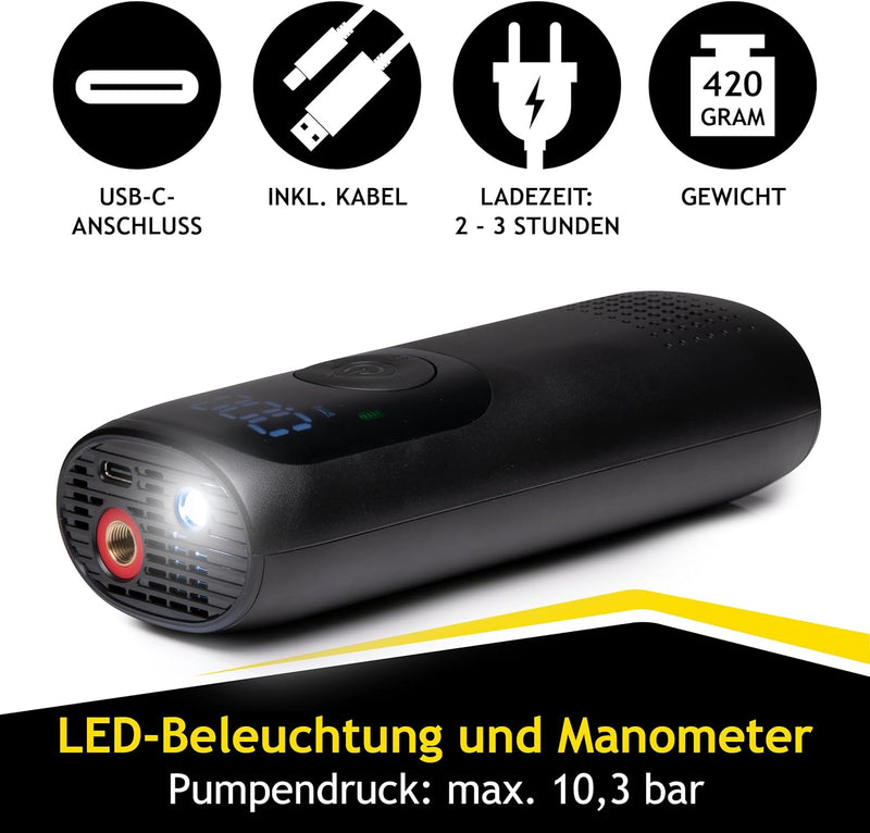 Dunlop Elektrische Luftpumpe 150PSI - Akku Kompressor mit USB-C Anschluss - Fahrradpumpe alle Ventil