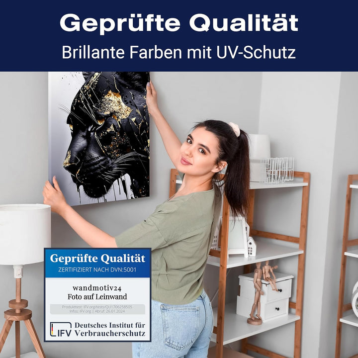 wandmotiv24 Leinwandbild Fantasy, 80x60cm, Hochformat, Panther, Gold, Deko, Bilder auf Leinwand, Wan