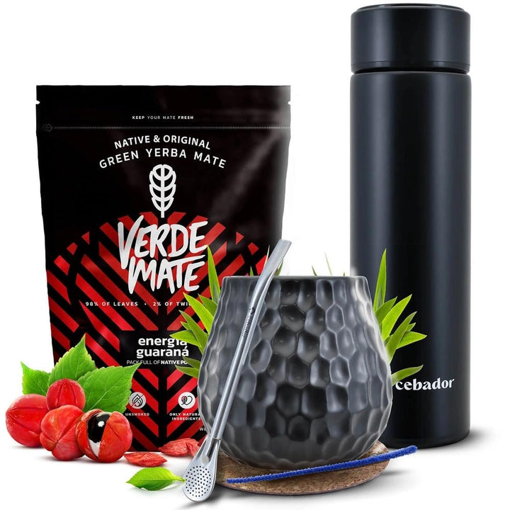 Mate Tee Set Verde Mate Energia Guarana 400g - mit LED Thermoskanne 480ml, Becher 400ml, Bombilla un