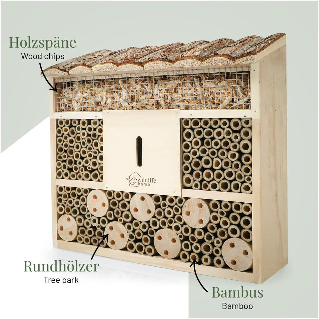 WILDLIFE HOME Bienenhotel Insektenhotel mit Rindendach I Unbehandelt, Bienenhaus aus Massiv-Holz für