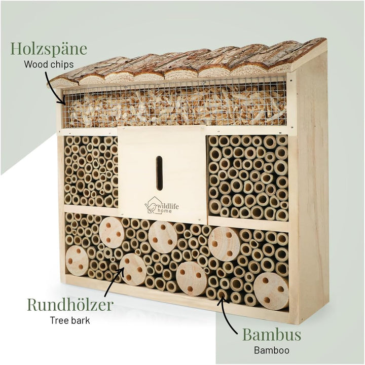 WILDLIFE HOME Bienenhotel Insektenhotel mit Rindendach I Unbehandelt, Bienenhaus aus Massiv-Holz für